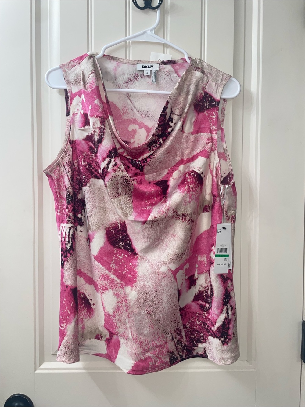 DKNY Pink and White Abstract Draped Neck Sleeveless Camisole